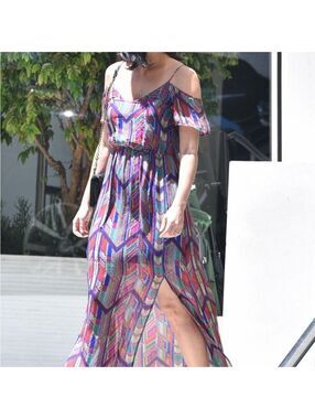 Ella Moss 100% Silk Sheer Maxi Dress Medium | Multicolor Geometric Off-Shoulder